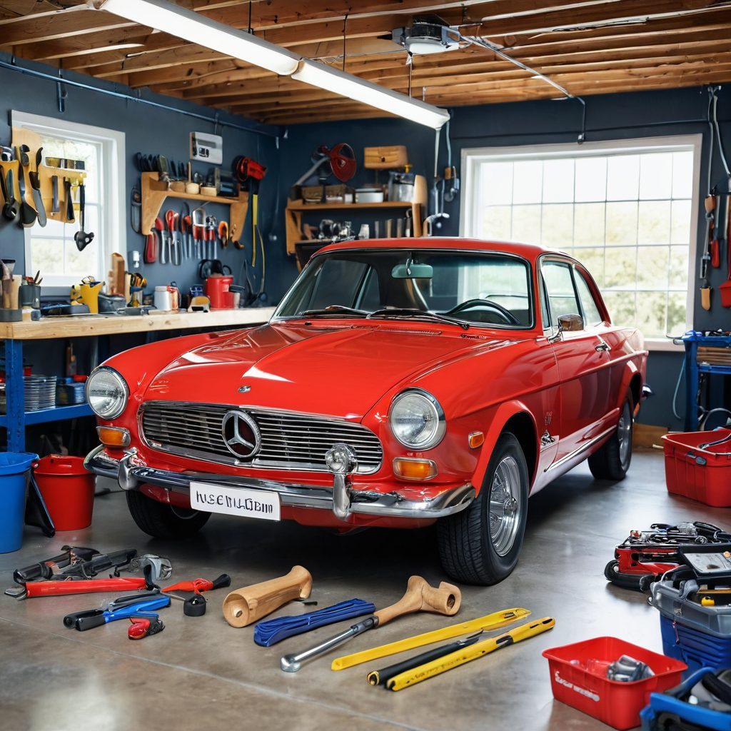 A bright, cheerful scene featuring a gleaming car being lovingly upgraded in a well-lit garage. Include vibrant tools, automotive parts, and a mechanic joyfully working on the vehicle. Add subtle elements of efficiency and care, like a checklist of upgrades and a cup of coffee on a workbench. The background should convey a sense of motion and excitement. super-realistic. vibrant colors. 3D.