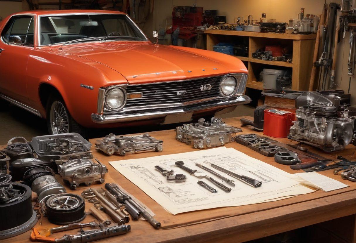 A visually appealing garage scene showcasing a variety of car parts, such as engines, tires, and tools, elegantly arranged on a workbench. A mechanic in overalls diligently examines a vintage car’s engine while blueprints and maintenance guides are spread out nearby. Soft warm lighting highlights the rich colors of the car components, creating a warm and inviting atmosphere that emphasizes expertise. super-realistic. vibrant colors. cozy ambiance.