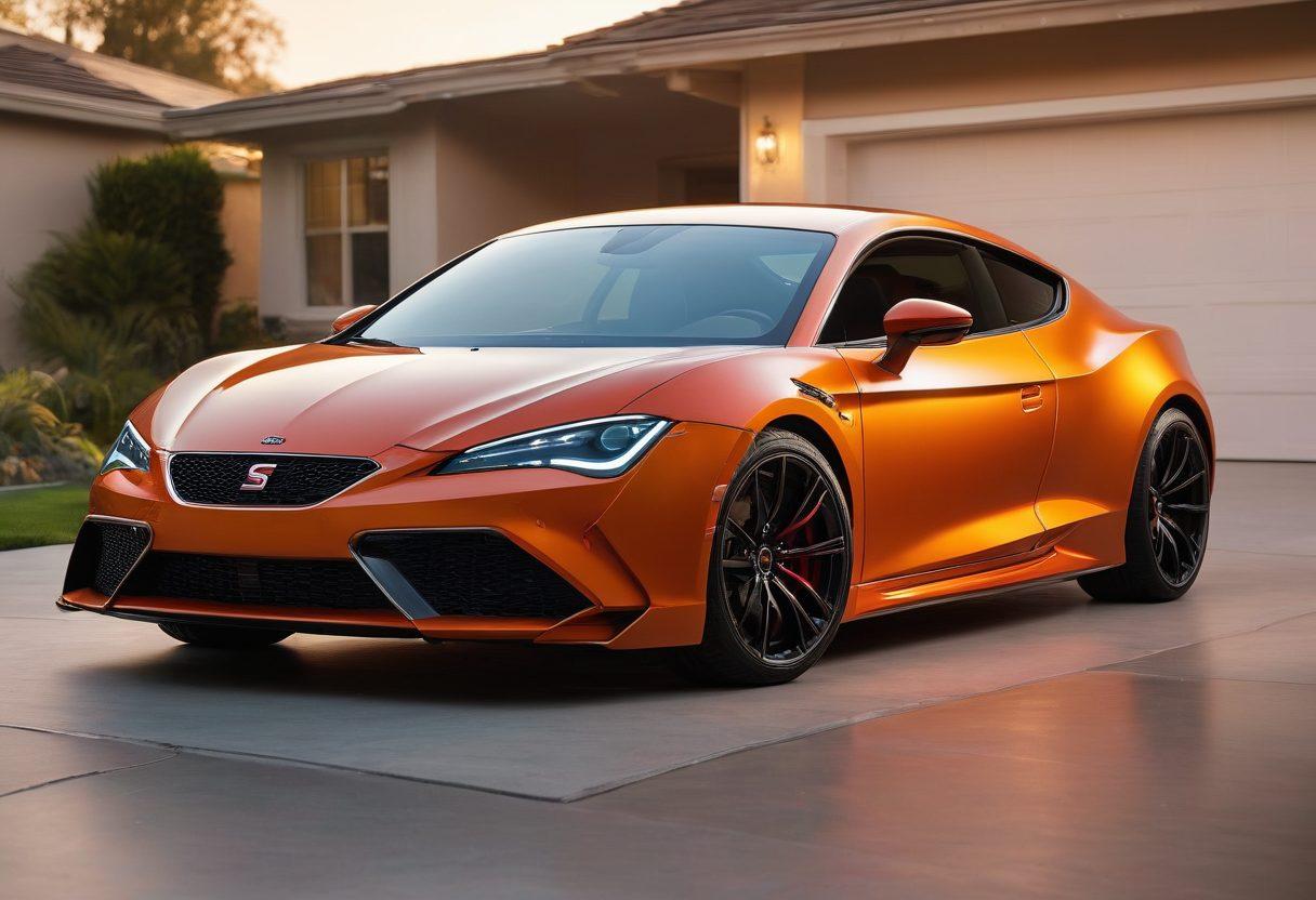 A sleek modern car parked in a driveway, showcasing vibrant accessories like stylish seat covers, advanced tech gadgets, and custom rims. The background features a beautiful sunset, accentuating the car's shiny surface. In the foreground, a toolbox filled with essential upgrade tools adds to the theme of improvement. super-realistic. vibrant colors. dynamic lighting.